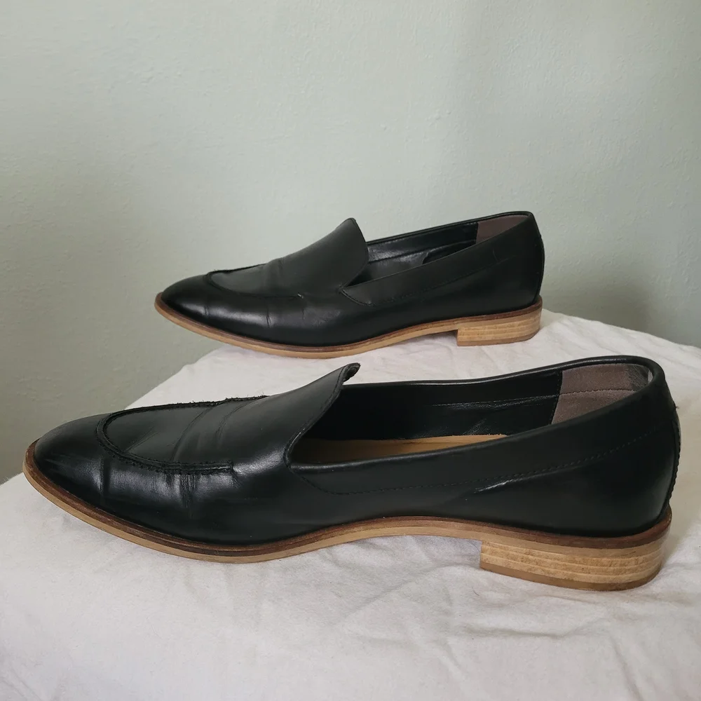 Black Leather Women's Loafers with Natural Wood-Effect Sole - Everlane - 9.5 - Picture 1 of 3